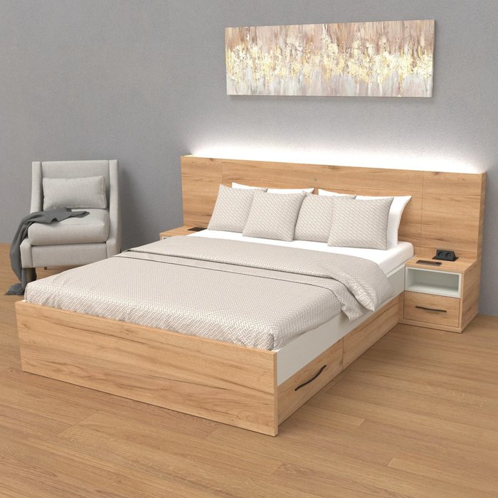 Кровать Уют 160х200 цвета Дуб Крафт Золотой без подъемного механизма с подсветкой Кровать Уют 160х200 цвета Дуб Крафт Золотой без подъемного механизма с подсветкой