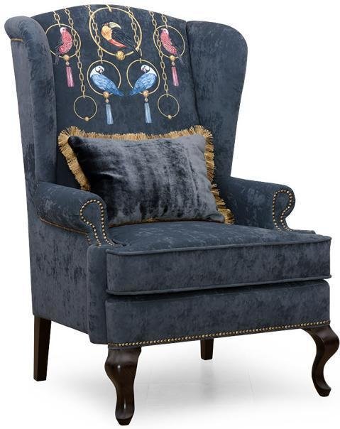 Кресло английское Биг Бен с ушками дизайн 3 серо-синего цвета