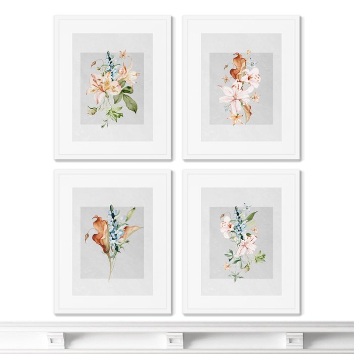 Набор из 4-х репродукций картин в раме Floral set in pale shades, No9