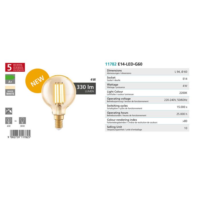 Светодиодная филаментная лампа 220V G60 E14 4W 330Lm 2200К желтого цвета - купить Лампочки по цене 219.0