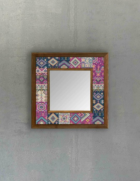 Настенное зеркало 33x33 с каменной мозаикой сине-розового цвета - купить Настенные зеркала по цене 9840.0