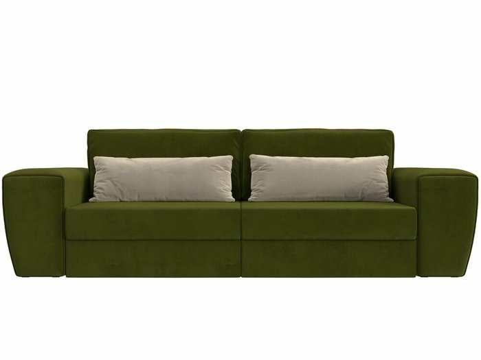 Прямой диван-кровать Лига 008 зеленого цвета с бежевыми подушками - купить Прямые диваны по цене 60999.0