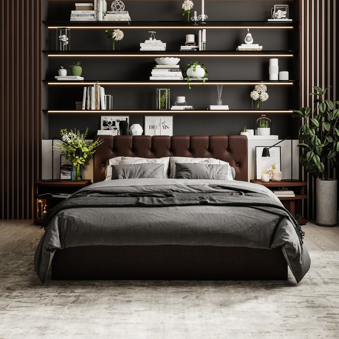 Кровать Инуа 160х200 темноо-коричневого цвета с подъемным механизмом - купить Кровати для спальни по цене 85605.0