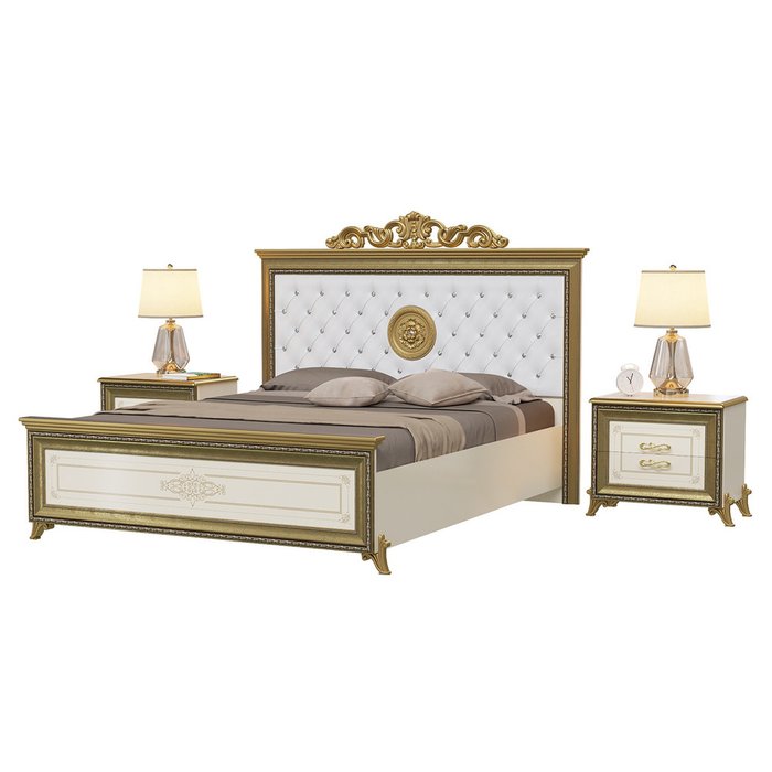 Спальня Версаль из кровати с мягким изголовьем 160х200 и двух прикроватных тумб цвета слоновой кости - купить Спальные гарнитуры по цене 70977.0