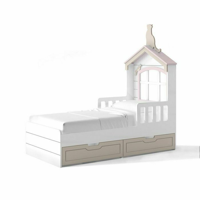 Детская кровать Кошкин дом бело-розового цвета