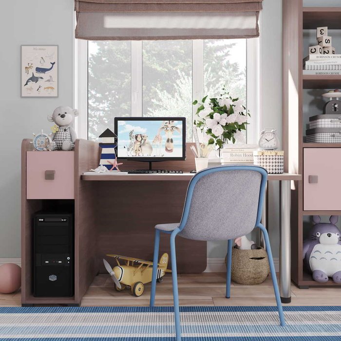 Детский компьютерный стол Тиана коричневого цвета с розовым ящиком - лучшие Письменные столы в INMYROOM