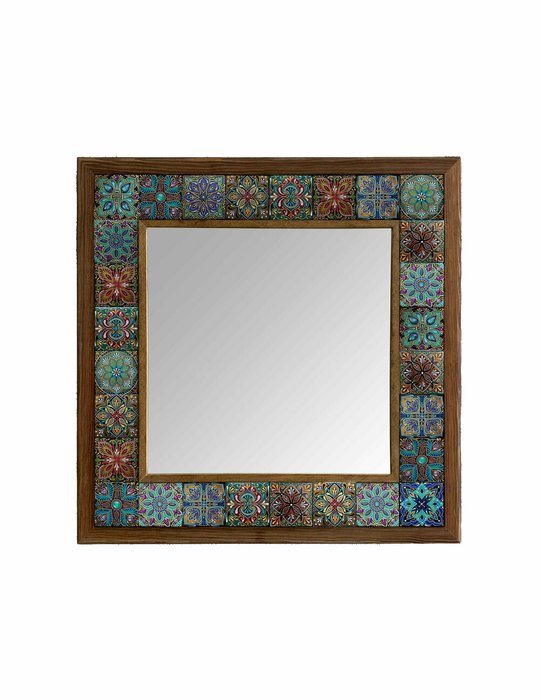 Настенное зеркало 43x43 с каменной мозаикой бирюзово-голубого цвета