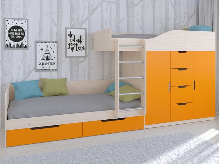Двухъярусная кровать Астра 6 80х190 цвета Дуб молочный-оранжевый - купить Двухъярусные кроватки по цене 34900.0
