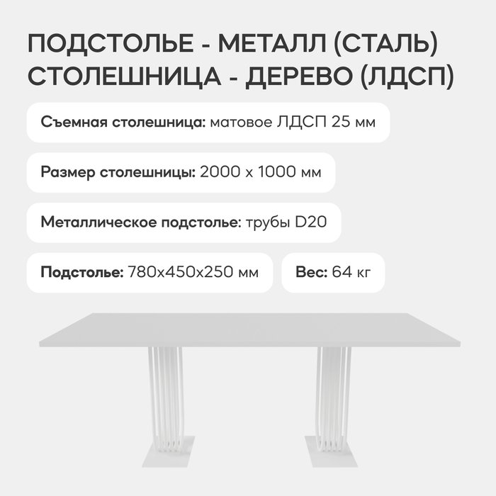 Обеденный стол Arfeo Duo 200 с металлическим белым подстольем и белой столешницей - лучшие Обеденные столы в INMYROOM