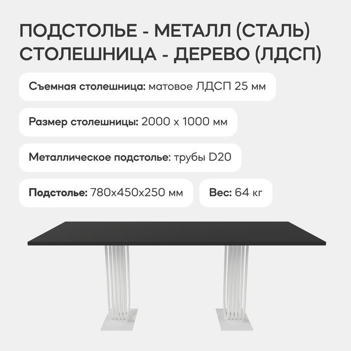 Обеденный стол Arfeo Duo 200 с металлическим белым подстольем и чёрной столешницей - лучшие Обеденные столы в INMYROOM