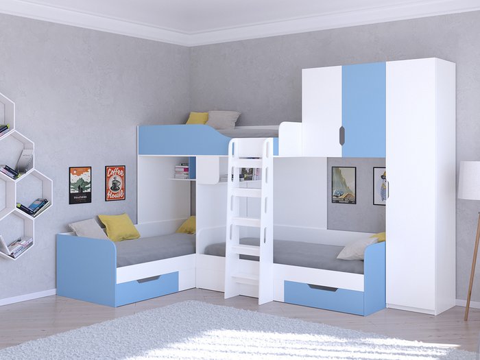 Двухъярусная кровать Трио 2 80х190 бело-голубого цвета - купить Двухъярусные кроватки по цене 45400.0