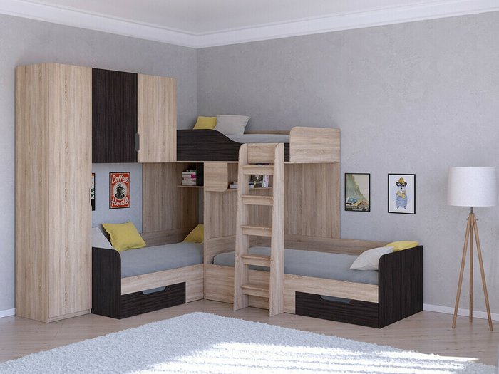 Двухъярусная кровать Трио 1 80х190 цвета Дуб Сонома-Венге - купить Двухъярусные кроватки по цене 45400.0