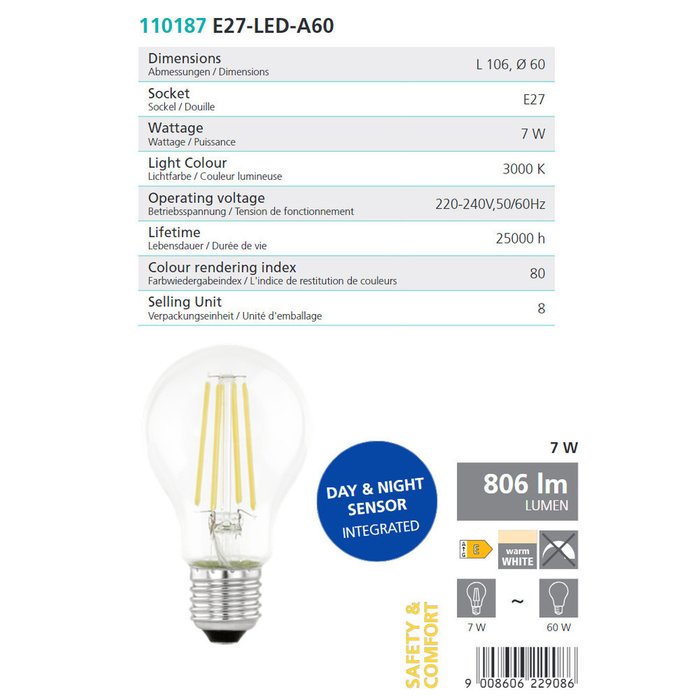 Светодиодная лампа 220-240V E27 7W 806Lm 3000K  - купить Лампочки по цене 890.0