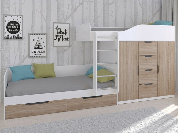 Двухъярусная кровать Астра 6 80х190 цвета Дуб Сонома-белый - купить Двухъярусные кроватки по цене 38400.0