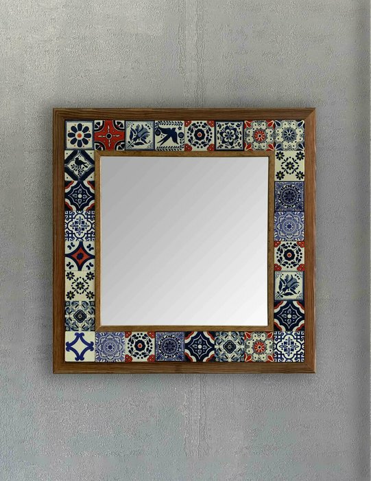 Настенное зеркало 43x43 с каменной мозаикой бежево-синего цвета - купить Настенные зеркала по цене 16871.0