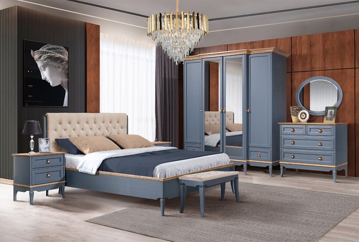 Кровать Стюарт  180х200 серо-синего цвета с бежевым изголовьем - лучшие Кровати для спальни в INMYROOM
