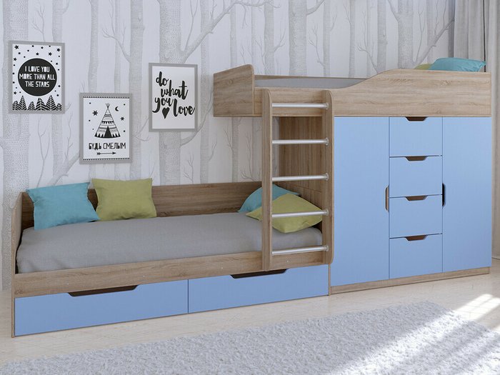 Двухъярусная кровать Астра 6 80х190 цвета Дуб Сонома-голубой - купить Двухъярусные кроватки по цене 34900.0
