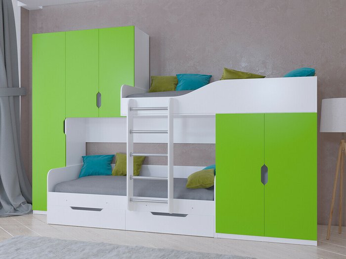 Двухъярусная кровать Лео 80х190 бело-салатового цвета - купить Двухъярусные кроватки по цене 45100.0