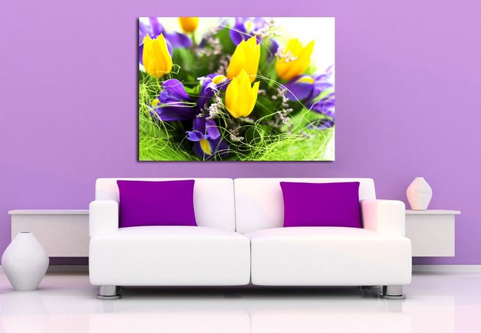 Декоративная картина на холсте: Желтые тюльпаны и ирисы - купить Картины по цене 2990.0