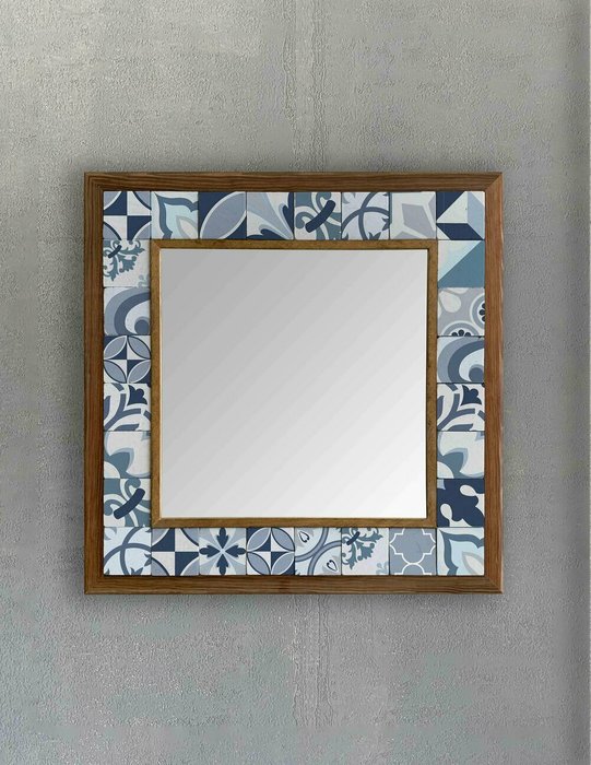 Настенное зеркало с каменной мозаикой 43x43 сине-белого цвета  - купить Настенные зеркала по цене 16871.0
