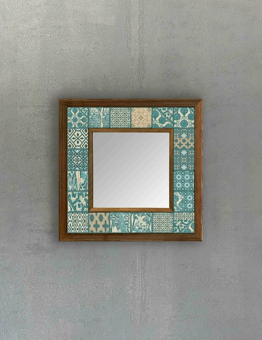 Настенное зеркало 33х33 с каменной мозаикой бирюзово-бежевого цвета - купить Настенные зеркала по цене 9840.0