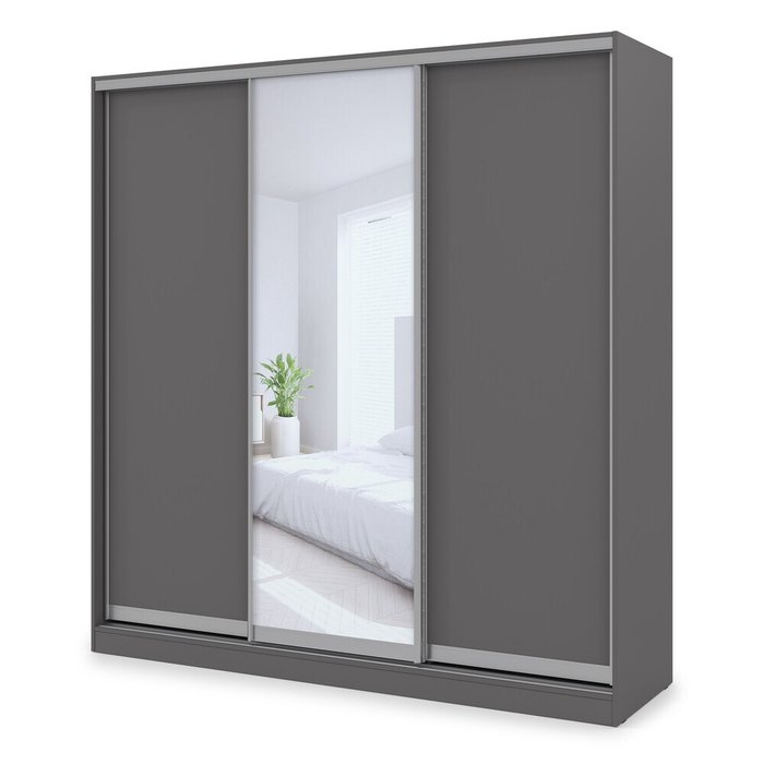 Comfort 21.2 Трехдверный шкаф-купе с зеркалом, прямой, комбинированное наполнение, ЛДСП, графит, 210×60×220 см