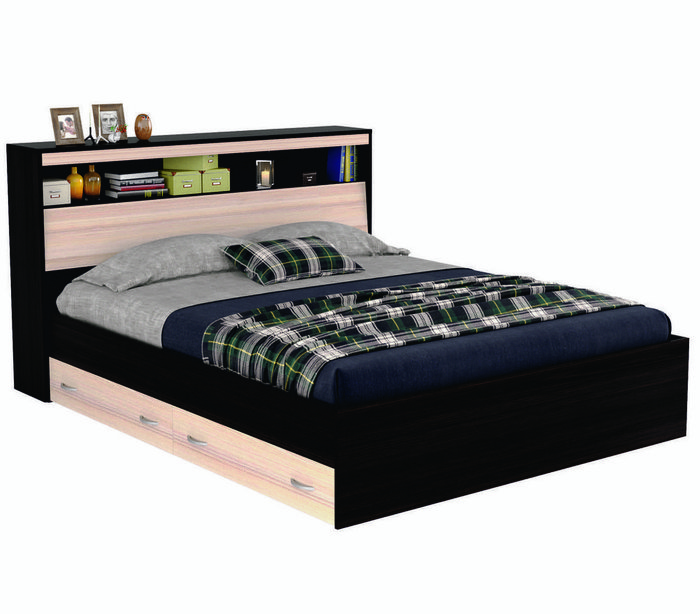 Кровать Виктория 160х200 бежево-коричневого цвета с откидным блоком и ящиками 