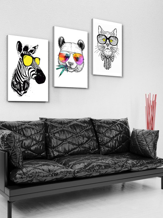 Набор из трех постеров Зебра панда и кот 50х99 на холсте - лучшие Картины в INMYROOM