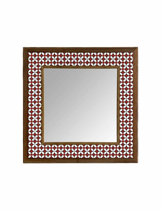 Настенное зеркало 43x43 с каменной мозаикой бело-красного цвета