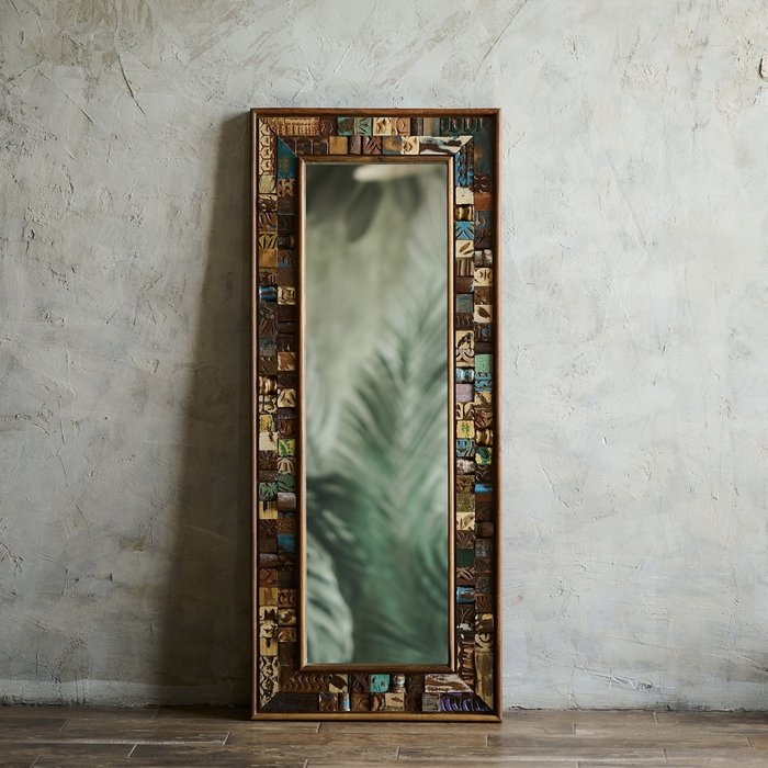 Настенное зеркало в деревянной раме 60х145 коричневого цвета - купить Настенные зеркала по цене 27900.0