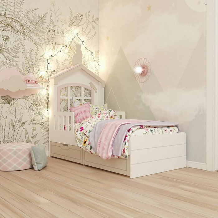 Детская кровать Кошкин дом бело-розового цвета - купить Одноярусные кроватки по цене 118200.0