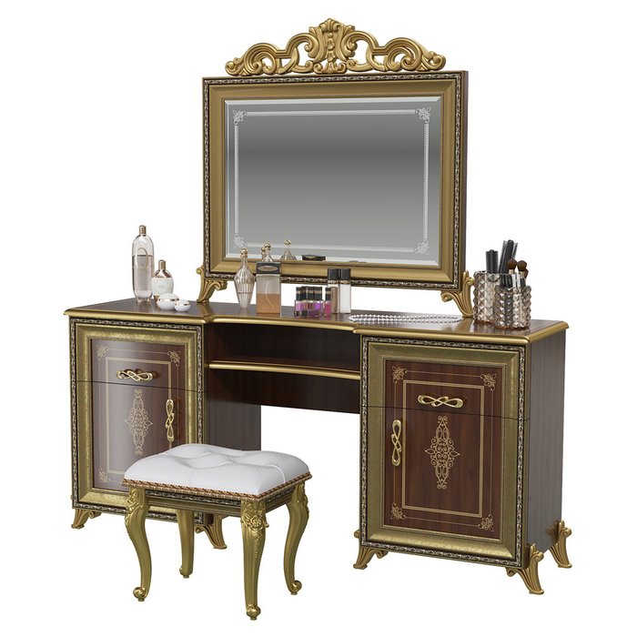 Стол туалетный с пуфом и зеркалом Версаль коричневого цвета - купить Туалетные столики по цене 60624.0