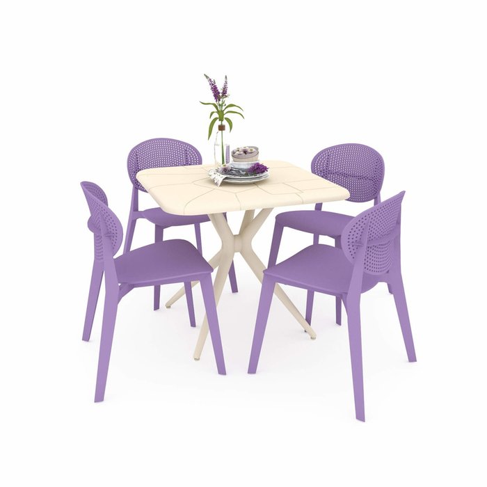 Обеденная группа из стола и четырех стульев сиреневого цвета 