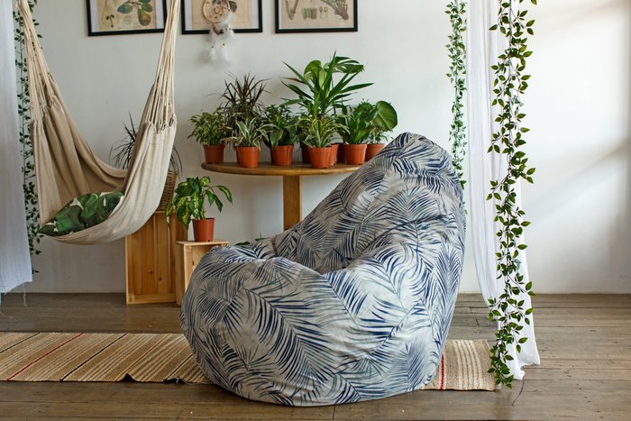 Кресло-мешок Груша XL Тропики Лайт бежево-синего цвета - лучшие Бескаркасная мебель в INMYROOM