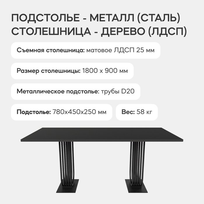 Обеденный стол Arfeo Duo 90х180 с металлическим чёрным подстольем и чёрной столешницей - лучшие Обеденные столы в INMYROOM