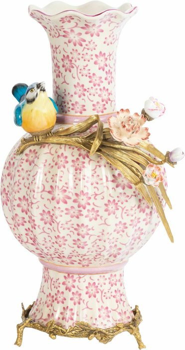 Фарфоровая ваза с птичкой бело-розового цвета