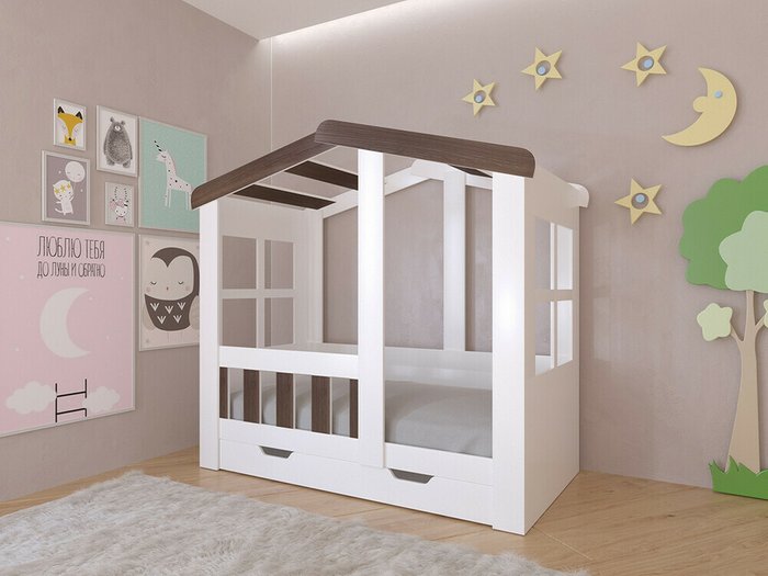 Кроватка Астра Домик 80х160 бело-коричневого цвета - купить Одноярусные кроватки по цене 22800.0