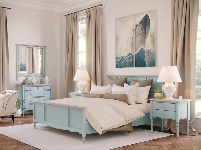 Кровать двуспальная Leblanc c изножьем голубого цвета 180х200 - купить Кровати для спальни по цене 180400.0