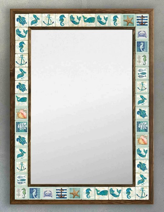 Настенное зеркало 53x73 с каменной мозаикой бело-голубого цвета - купить Настенные зеркала по цене 27866.0