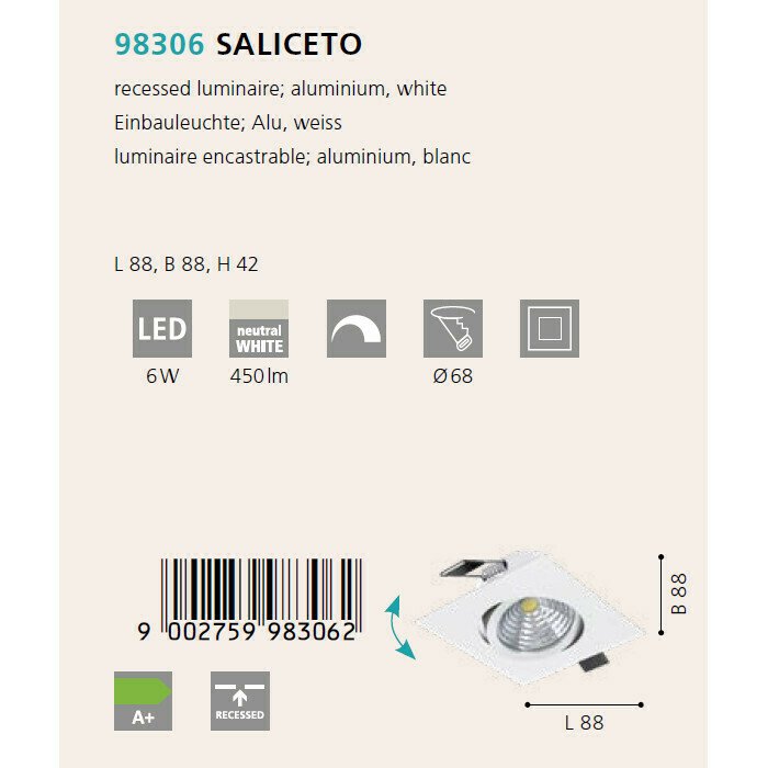 Светильник точечный Saliceto белого цвета - купить Встраиваемые споты по цене 2190.0