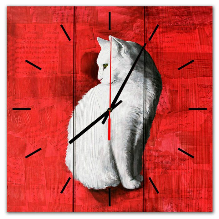 Настенные часы Белая кошка 30х30 красного цвета