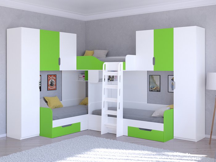 Двухъярусная кровать Трио 3 80х190 бело-салатового цвета - купить Двухъярусные кроватки по цене 58400.0