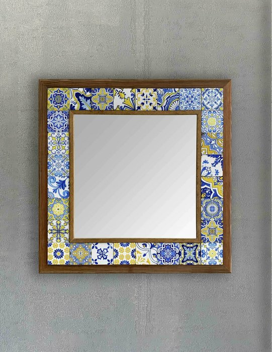 Настенное зеркало 43x43 с каменной мозаикой сине-желтого цвета - купить Настенные зеркала по цене 16871.0