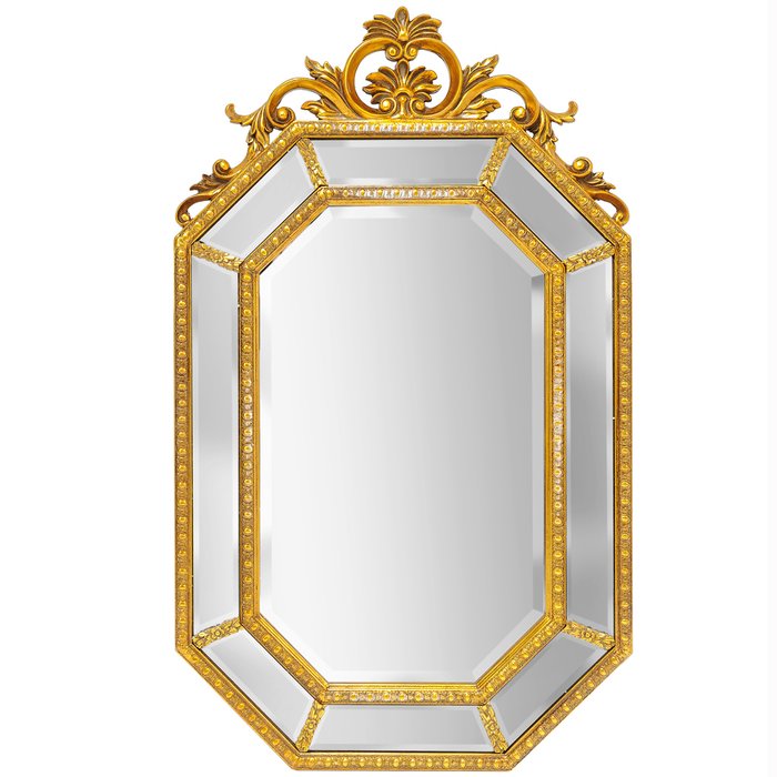 Настенное зеркало Кармина с двухъярусной зеркальной рамой золотистого цвета
