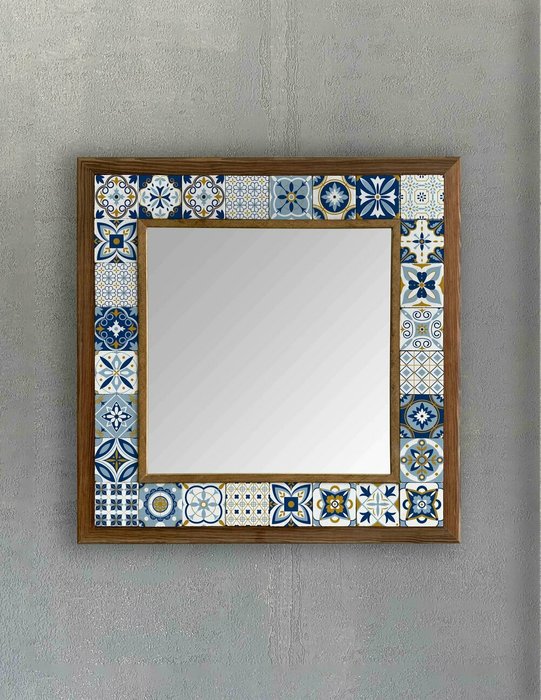 Настенное зеркало 43x43 с каменной мозаикой сине-белого цвета - купить Настенные зеркала по цене 16871.0
