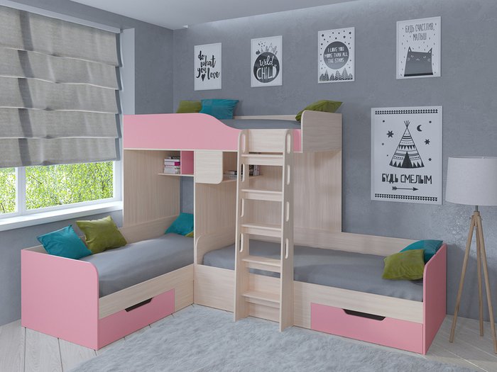 Двухъярусная кровать Трио 80х190 цвета Дуб молочный-розовый - купить Двухъярусные кроватки по цене 32400.0