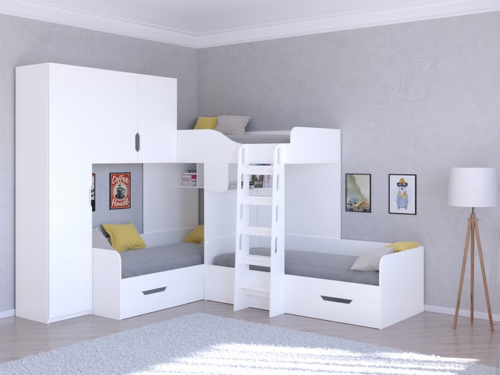 Двухъярусная кровать Трио 1 80х190 белого цвета - купить Двухъярусные кроватки по цене 45400.0