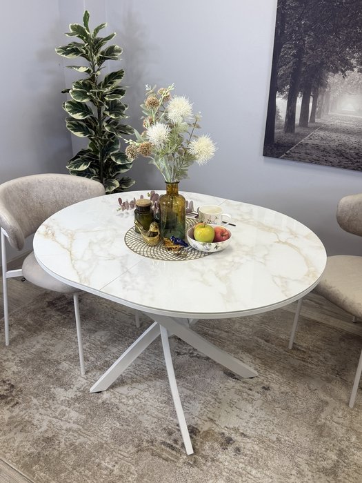 Раздвижной обеденный стол R1100 с керамической столишницей цвета мрамор белый глянец - лучшие Обеденные столы в INMYROOM