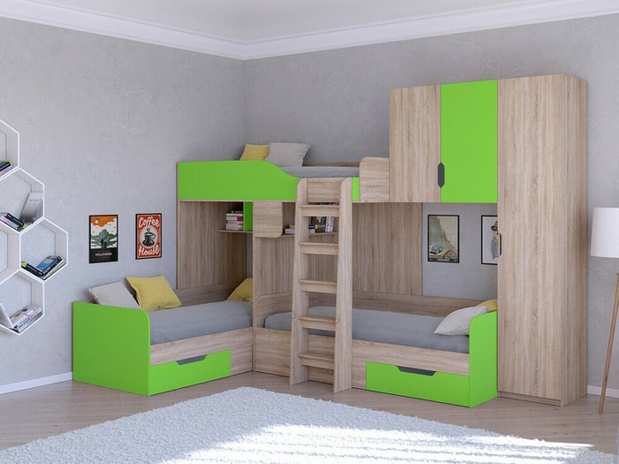 Двухъярусная кровать Трио 2 80х190 цвета Дуб Сонома-салатовый - купить Двухъярусные кроватки по цене 45400.0