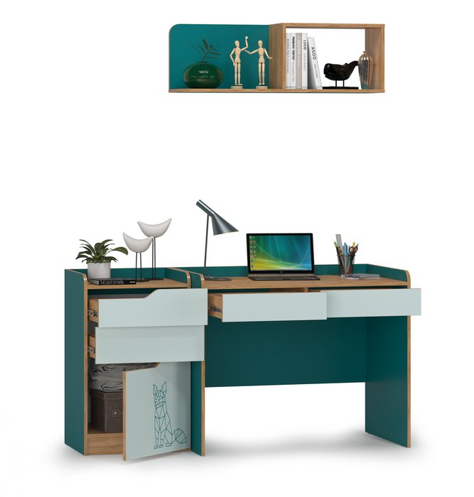 Стол письменный с комодом и полкой Гудвин зеленого цвета - лучшие Письменные столы в INMYROOM